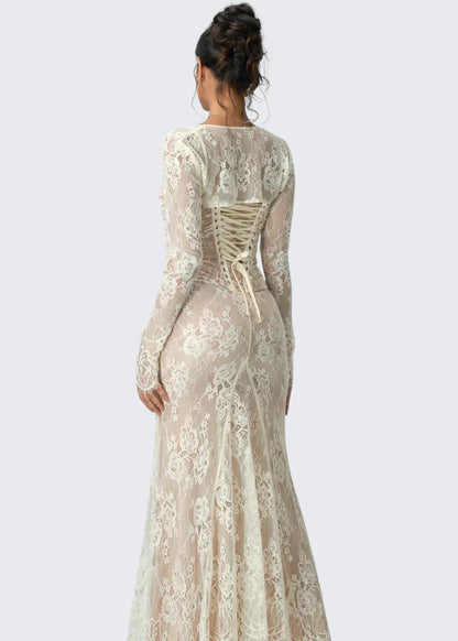 Carrie | Square Neck Sheer Sleeve Lace Dress